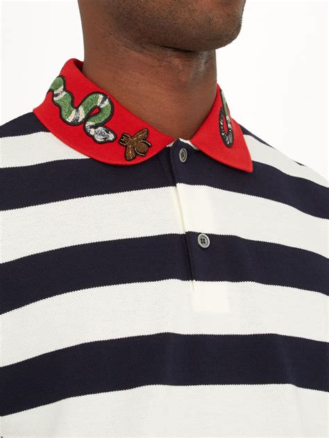 gucci snake-appliqué striped cotton polo shirt|Men's Designer Luxury Polo Shirts .